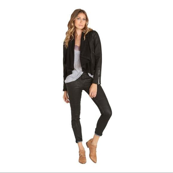 Free People Drape Front Coated Waxed Denim Moto Cropped Jacket Black Zip Cuffs 4 - Picture 1 of 14